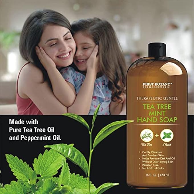 First Botany TEA TREE MINT HAND SOAP - LIQUID HAND SOAP WITH PEPPERMINT, JOJOBA AND COCONUT OIL - MULTIPURPOSE LIQUID SOAP IN PUMP DISPENSER - NATURAL BATHROOM SOAP & LIQUID HAND WASH - 16 FL OZ - Image 3